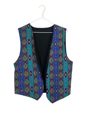Vintage Southwest Boho Aztec Geometric Print Open Front Vest Size Medium